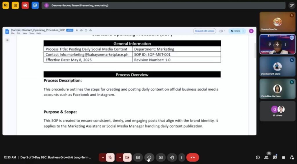 Biz Breakthrough Challenge Gerome Tayao SOP sample showcase